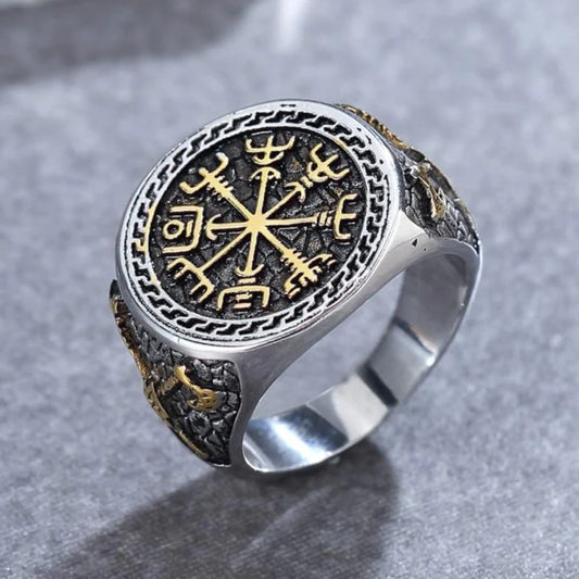 Stainless Steel Vikings Vegvisir Compass Rune Ring Men Vintage Fashion Celtic Knot Accessories Hip Hop Biker Jewellery Gift