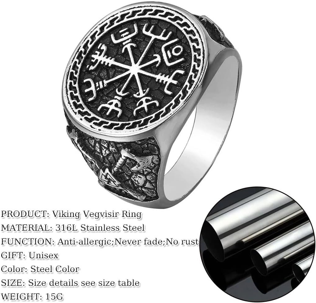 Stainless Steel Vikings Vegvisir Compass Rune Ring Men Vintage Fashion Celtic Knot Accessories Hip Hop Biker Jewellery Gift