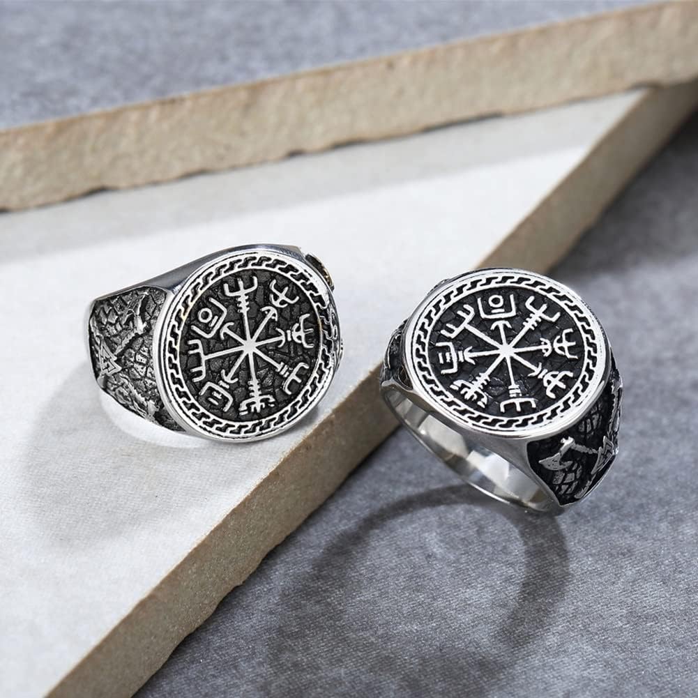 Stainless Steel Vikings Vegvisir Compass Rune Ring Men Vintage Fashion Celtic Knot Accessories Hip Hop Biker Jewellery Gift