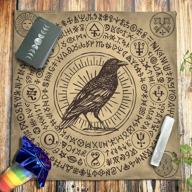 Altar Cloth Pagan Spirituality Witchcraft Astrology Oracle Card Mat Crow Raven Magical Runes Tarot Tablecloth