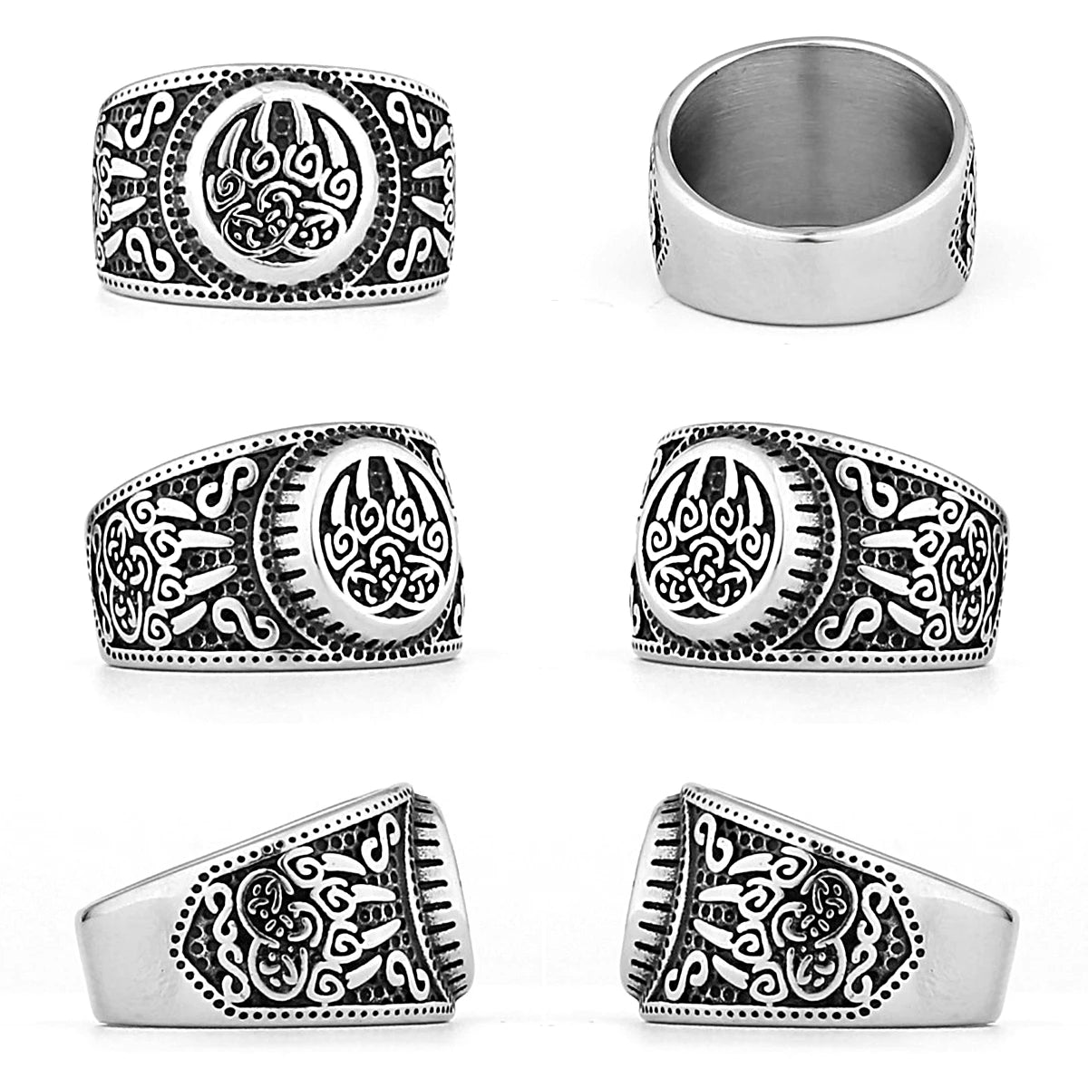 Viking Rune Pattern Bear Claw Celtic Knot Ring Stainless Steel Mens Punk Jewellery