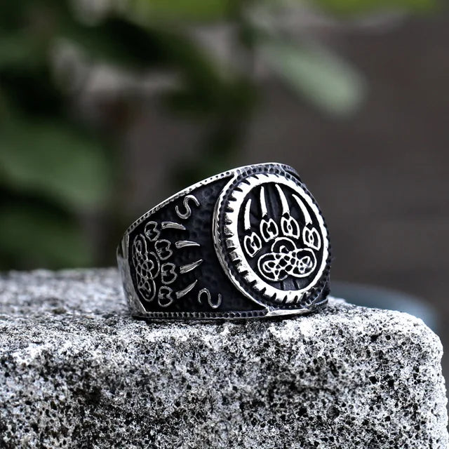 Viking Rune Pattern Bear Claw Celtic Knot Ring Stainless Steel Mens Punk Jewellery