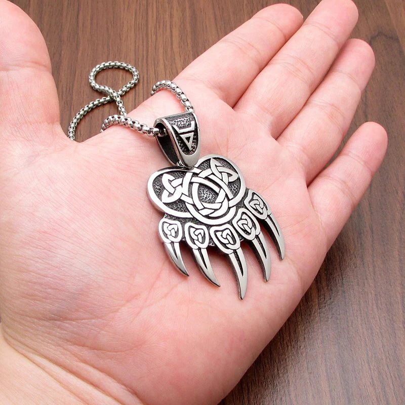 Vintage Celtics Knot Viking Silver Color Stainless Steel Bear Claw Pendant Necklace Nordic Amulet Jewellery