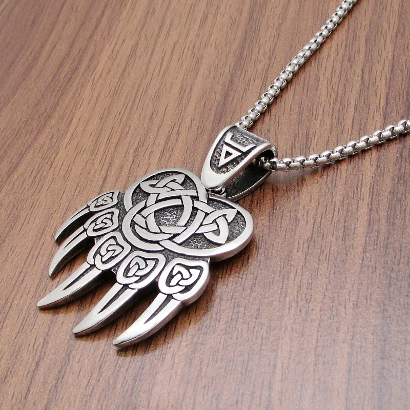 Vintage Celtics Knot Viking Silver Color Stainless Steel Bear Claw Pendant Necklace Nordic Amulet Jewellery