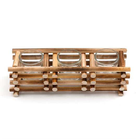 27cm Stacked Wood Triple Tealight Holder