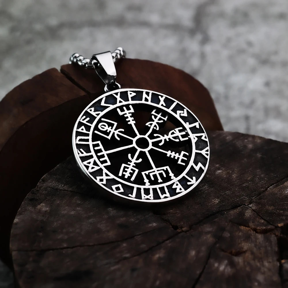 Viking Compass Rune Titanium Steel Pendant with European and American Style Men's Odin Logo Personalized Pendant Necklace