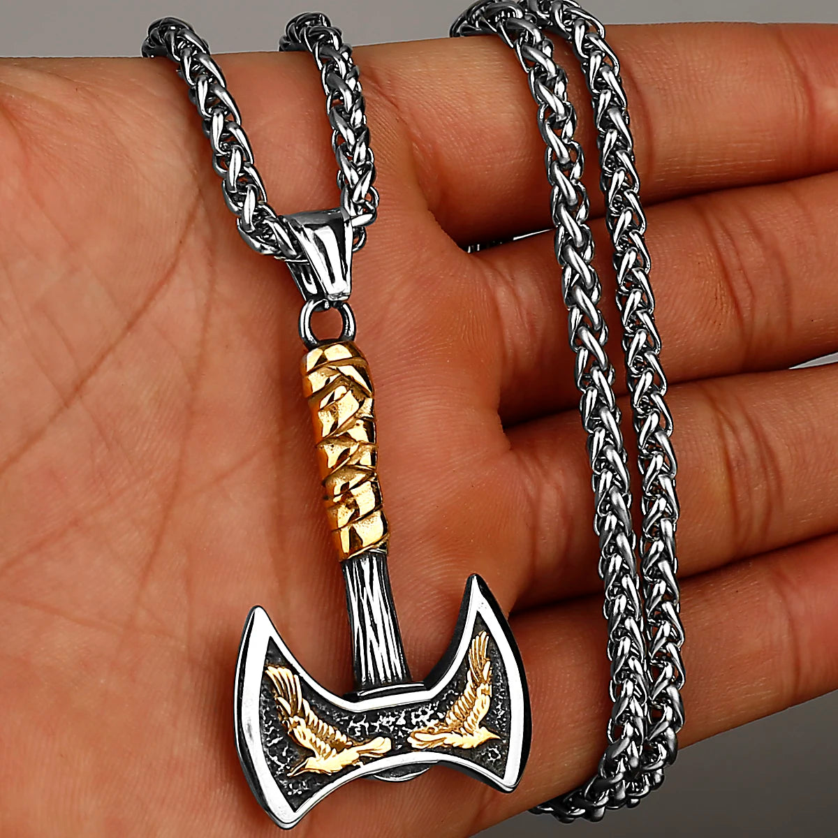 Viking Odin Raven Double Axe Necklace Mixed Gold Color Stainless Steel Pendant Men's Scandinavian Jewellery