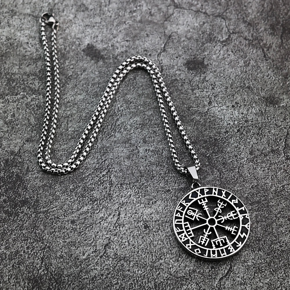 Viking Compass Rune Titanium Steel Pendant with European and American Style Men's Odin Logo Personalized Pendant Necklace