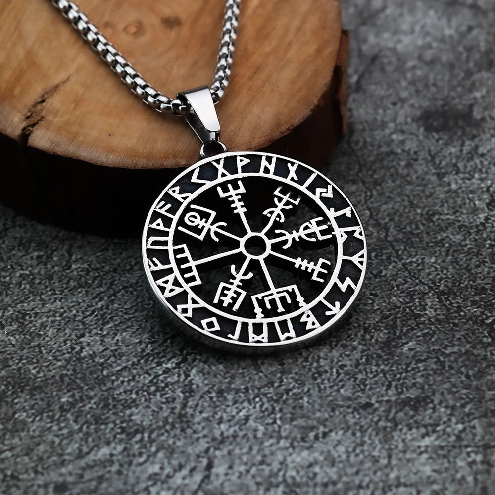 Viking Compass Rune Titanium Steel Pendant with European and American Style Men's Odin Logo Personalized Pendant Necklace