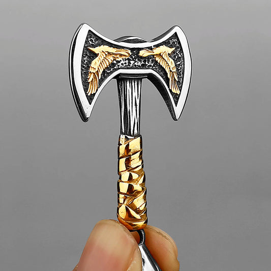 Viking Odin Raven Double Axe Necklace Mixed Gold Color Stainless Steel Pendant Men's Scandinavian Jewellery