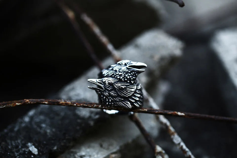 3D Viking Entwined Ravens Ring Norse Mythology Odin Crow Rings For Men Amulet Jewellery