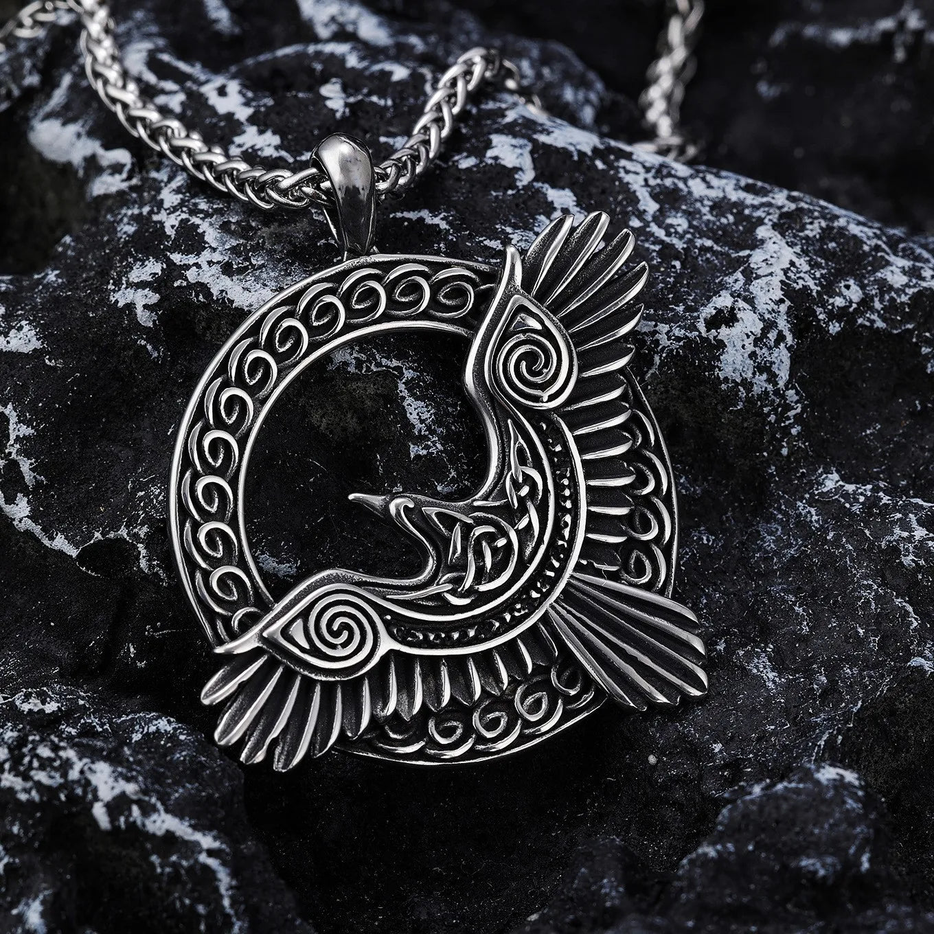 Vintage Nordic Rune Viking Raven Pendant Necklace