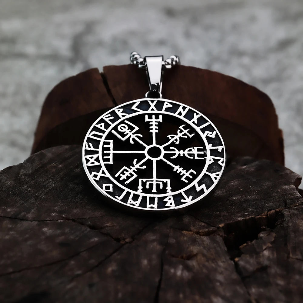 Viking Compass Rune Titanium Steel Pendant with European and American Style Men's Odin Logo Personalized Pendant Necklace