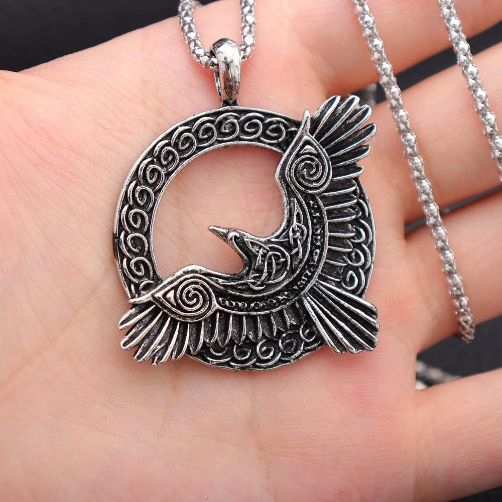 Vintage Nordic Rune Viking Raven Pendant Necklace