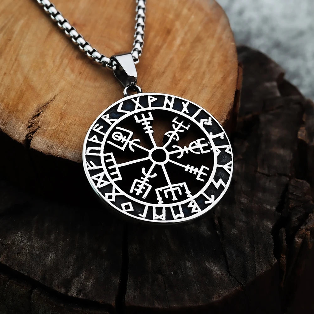 Viking Compass Rune Titanium Steel Pendant with European and American Style Men's Odin Logo Personalized Pendant Necklace