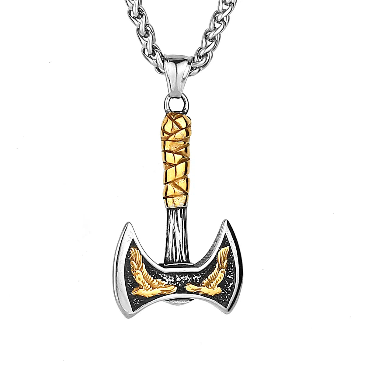 Viking Odin Raven Double Axe Necklace Mixed Gold Color Stainless Steel Pendant Men's Scandinavian Jewellery