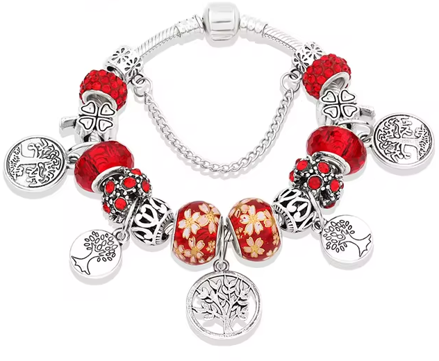 Silver Colour Tree of Life Fashion Bead Bracelets Red Leaf Floral Crystal Charm Bracelet & Bangle Pulsera